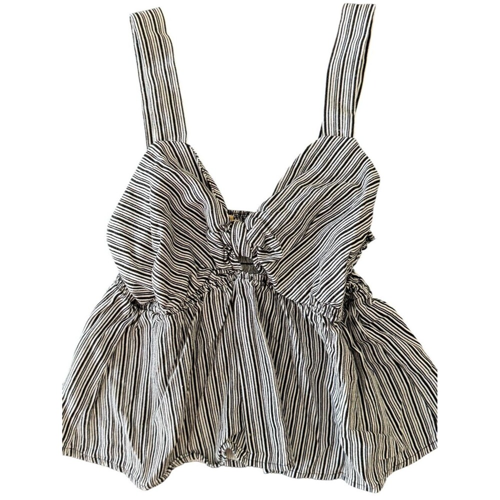 Monteau Los Angeles Striped Peplum Tank Bow Front Linen Blend Top M
